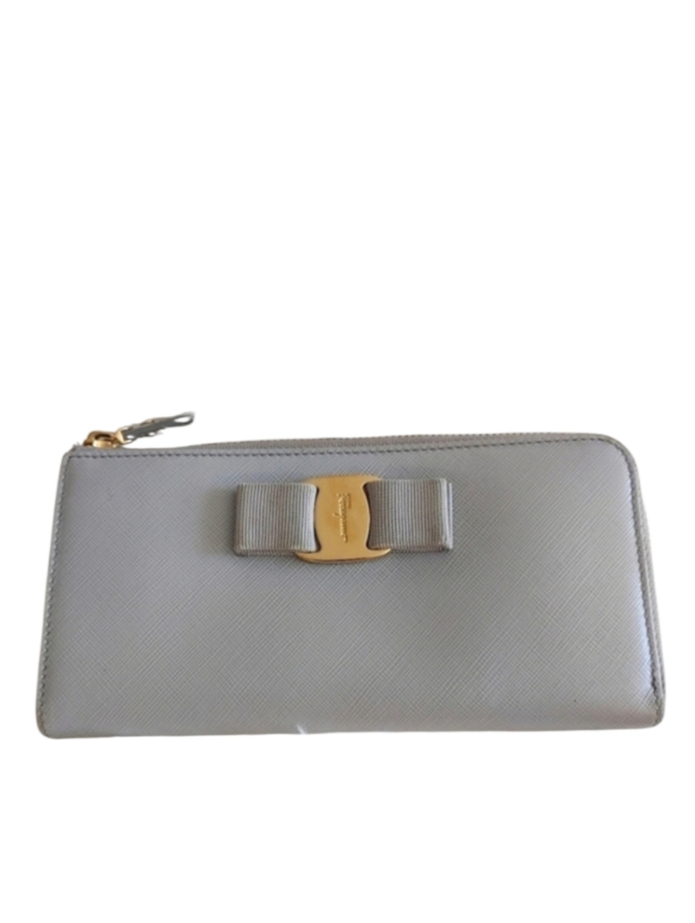 Salvatore Ferragamo Grey Leather Bow Long Zip Wallet